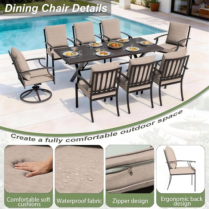 10 Pieces Patio Dining Set with Brown Umbrella,Outdoor Furniture Set Includes Hole Cut-Out Table and 6 Metal Backrest Chairs and 2 Swivel Chairs for Backyard,Garden,Poolside,Brown