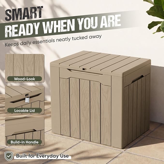 Flamaker Deck Box 30 Gallon, Waterproof Resin Small Storage Box with Lid, Outdoor Patio Furniture Cushion Garden Tool Organizer, Lockable Package Delivery Box for Porch Balcony (Brown)