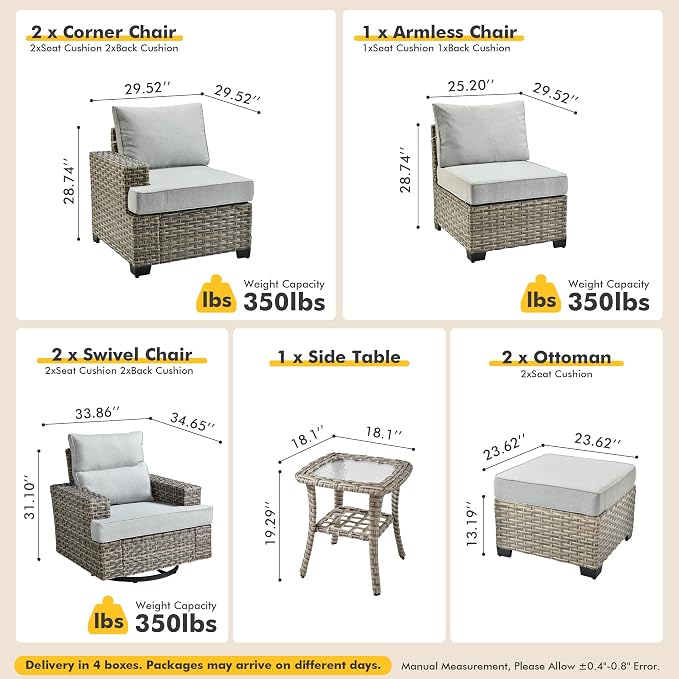 Patio Outdoor Furniture Set - All Weather Wicker Modular Sectional Sofa Couch,Patio Seating Outdoor Conversation Sets for Deck Yard Garden (Grey, 8 Pcs w/Swivel Glider)