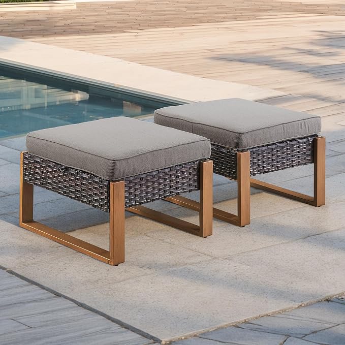 Rilyson Outdoor Ottoman Wicker Patio Footrest - 2 Piece Wicker Footrest Footstools Set with Sturdy Frame,All-Weather PE Wicker, Thick Cushions for Deck Porch Garden(Brown/Grey)