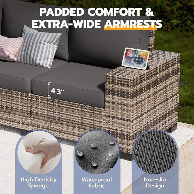 Patio Furniture Set, Wide Armrest Outdoor Furniture Set with 44" Fire Pit Table Thick Cushions, 7 Piece Wicker Rattan Patio Sectional Sofa for Backyard, Poolside, Garden