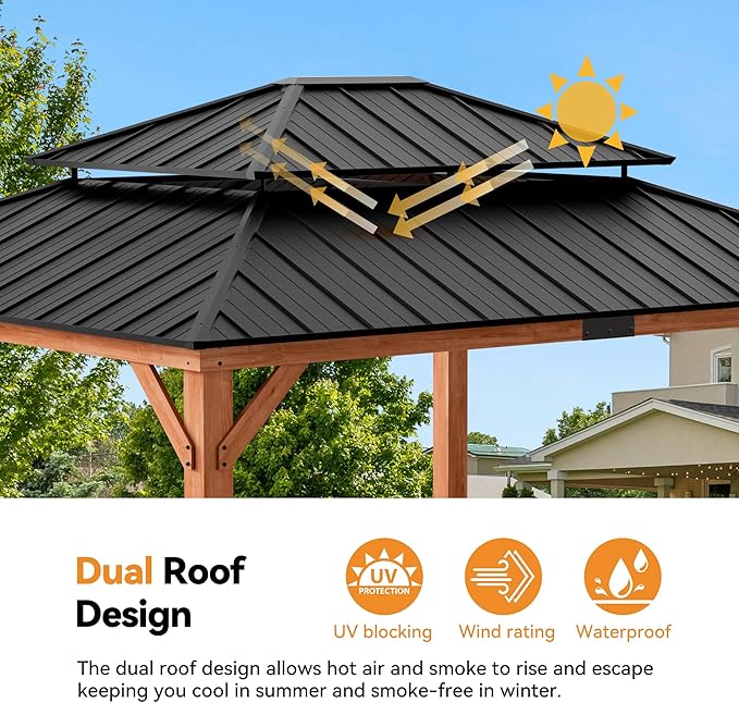 Modern Shade Rosewood Wood Gazebo 13' x 15', Permanent Hardtop Gazebo with Double Galvanized Steel Roof, Mosquito Netting and Yard-Dyed Curtains, Cedar Outdoor Gazebo with Sturdy Hooks for Backyard