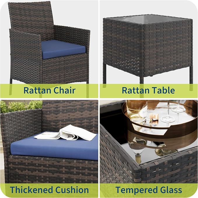 Garvee Patio Conversation Set 3 Piece, Brown Wicker Rattan Outdoor Furniture Set with Cushioned Chairs and Glass Top Coffee Table for Small Patio, Porch, Balcony, Backyard