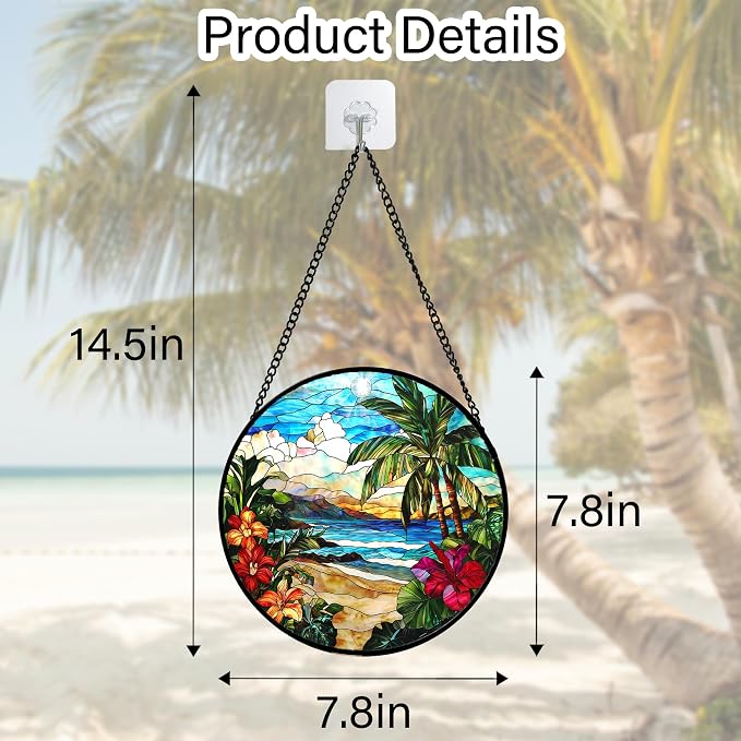 DASTOLL Stained Glass Window Hanging, Blue Beach Scenery Suncatcher Diamond Glass Panel Hangings Sun Catchers Decor for Birthday for Women, Men, Wife, Aunt, and Mom 7.8 in