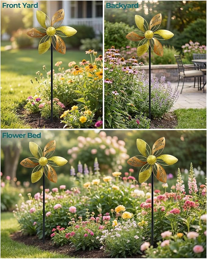 2 Pack Metal Wind Spinners, 37" Kinetic Yard Decor | Smooth Rotation, Rust-Resistant Finish, Tool-Free Setup, Elegant Floral Design