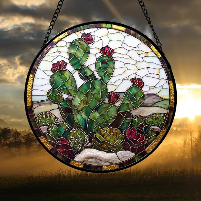 DASTOLL Stained Glass Window Hanging,Green Cactus Purple Flowers Suncatcher Diamond Glass Panel Sun Catchers Decor for Birthday for Women, Men, Wife, Aunt, and Mom 14.9x14.9 in