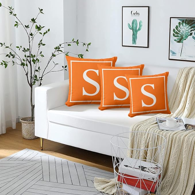 Monogram Initial Bright Orange Outdoor Pillow Covers 20 x 20inches Decorative Pillow Case for Sofa Couch Bed (Pillow Insert Not Include)