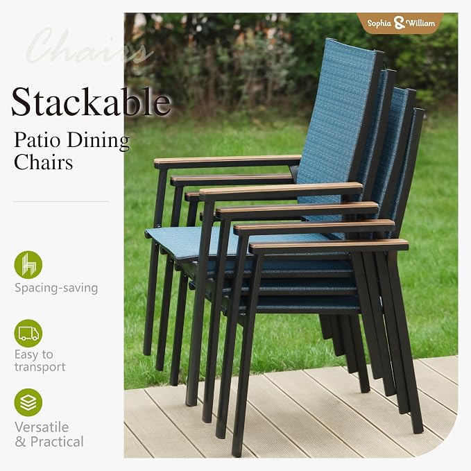 Sophia & William Patio Dining Chairs Set of 6, Stackable Aluminuum Frame | Blue textilene, Weather-resistant, light-weight & space-saving, Breathable & quick-drying, Outdoor deck backyard porch