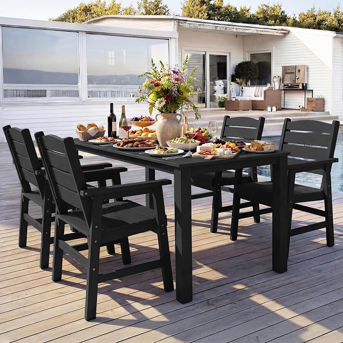 YEFU Patio Dining Sets HIPS: 5-Piece Outdoor Table and Chairs with Umbrella Hole - All-Weather Plastic Patio Dining Set for 4 Modern Furniture with Metal Aluminum Frame for Family with Deck/Pool Black