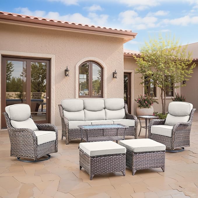 Swivel Patio Chairs Set of 3 with 6" Thick Cushion - Wicker Outdoor Swivel Rocker Patio Chairs with Side Table, High Back Comfortable Outdoor Glider Chair - Brown Wicker | Beige Cushions