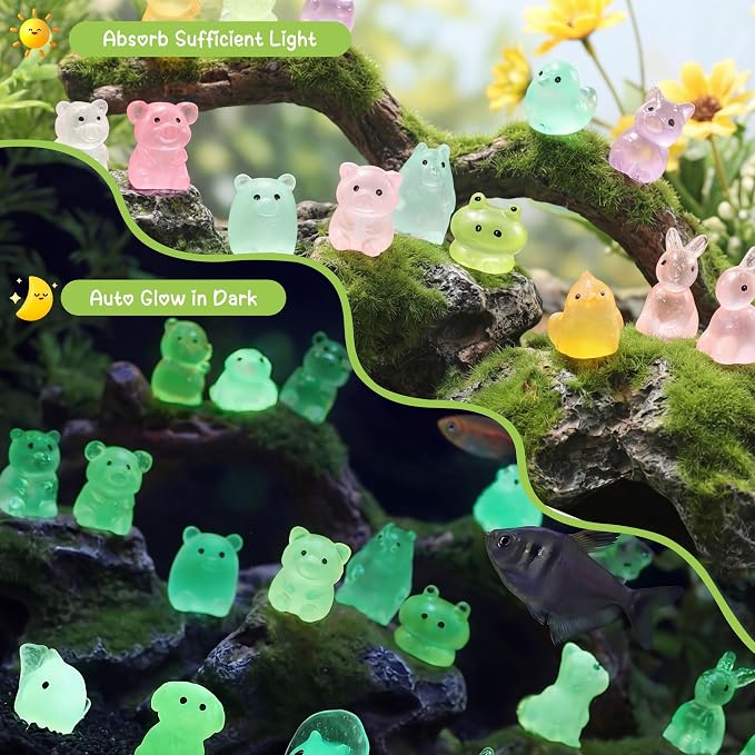 70 Pcs Mini Resin Animals Blind Bags, Glow in The Dark Tiny Animal Figures, Mystery Bulk Assortment for Fairy Garden, Aquarium, Potted Decor, Premium Hand-Polished Resin