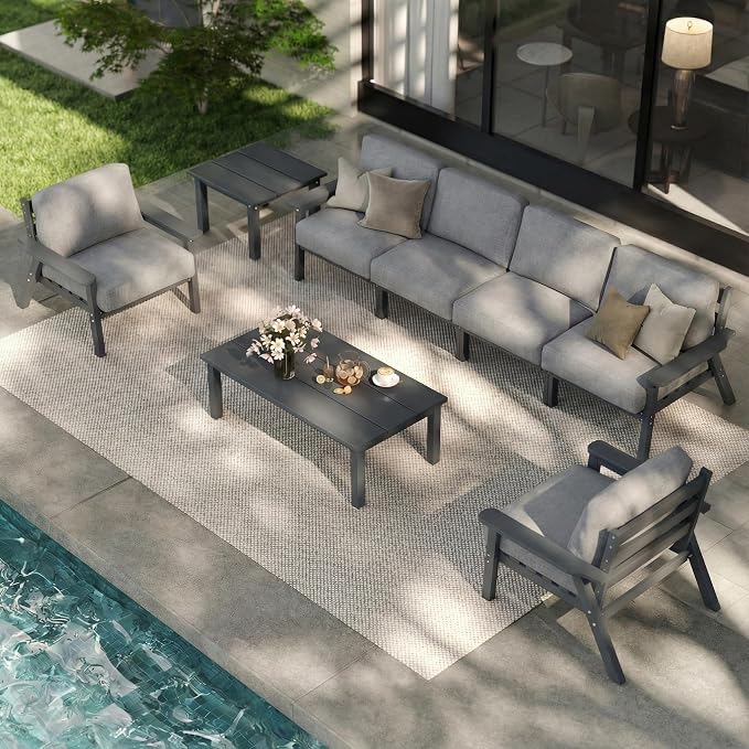 7 Piece Patio Furniture Set, HDPE Outdoor Sectional with Gray Washable Thick Cushions, Coffee Table & Side Table, Patio Conversation Sets for Lawn, Garden, Porch, Balcony (Grey Frame)