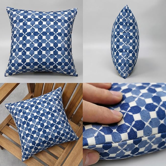 JMGBird Blue Outdoor Pillows Waterproof 18x18 Throw Pillows with Inserts | Blue Diamond Petal Pattern UV Fade Resistant Patio Cushions