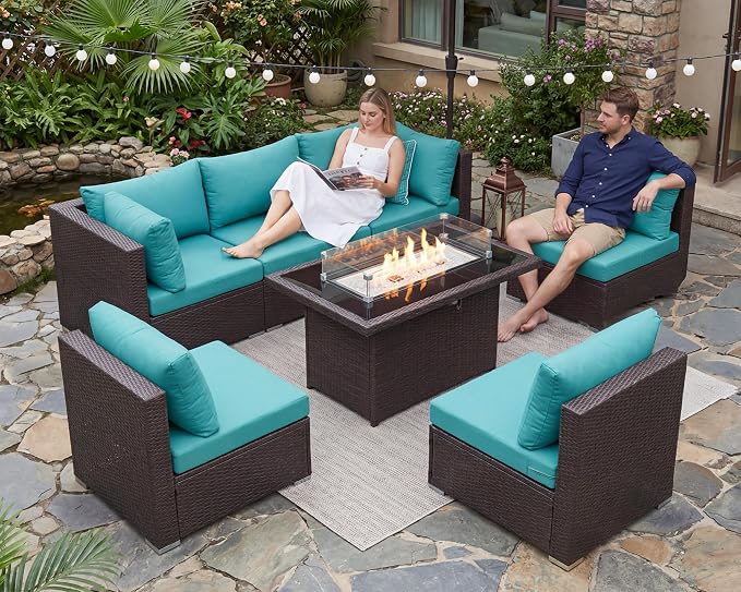 BULEXYARD 7-Piece Outdoor Patio Furniture Set with Propane/Natural Gas Fire Pit Table, High-Back Large Size Outside Sectional Couch Sofa, Comfy Wide Deep Seats for Yard, Brown Rattan & Teal Cushion
