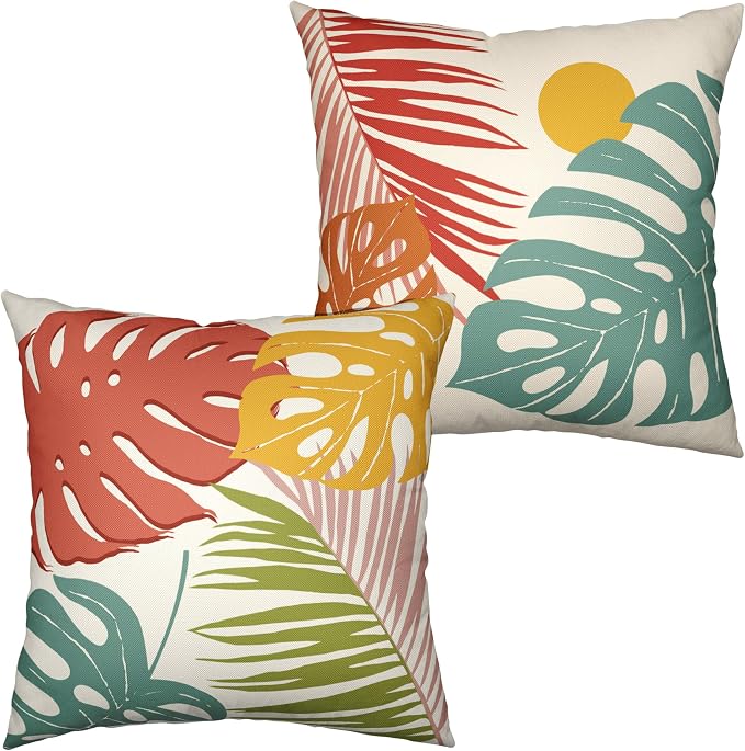 Abstract Sun and Monstera Leaf Throw Pillow Covers Palm Leaf Pillow Covers 22x22 Set of 2 Summer Tropical Leaves Cushion Case for Sofa Patio Indoor Outdoor Decor