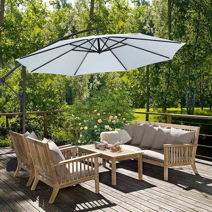ABCCANOPY 10FT Cantilever Patio Umbrella with base included, 360° Rotation Outdoor Offset Umbrella Bonus Fix Frame & Weights Bag for Backyard, Deck, Poolside (Gray)