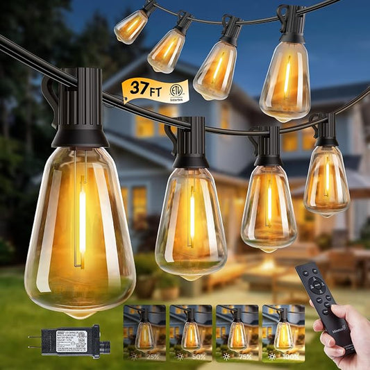 Minetom Outdoor String Lights with Remote 37FT, ST38 Patio Lights | Waterproof LED Christmas Lights with 3 Modes, Shatterproof Connectable Outside Lights for Backyard Porch Deck Garden Decor