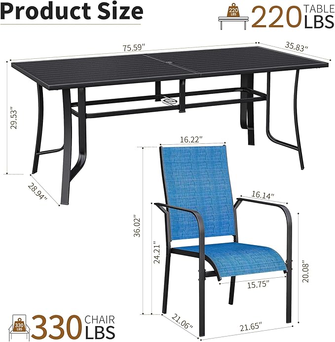 BUPPLEE 9-Piece Outdoor Patio Dining Set with 8 Stackable Dining Chairs, Metal Table with Umbrella Hole, 8-Person Patio Table and Chairs for Backyard, Poolside, Balcony and Garden Blue
