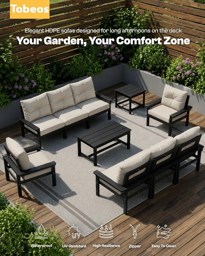 HDPE 7 Piece Patio Furniture Set, All-Weather Outdoor Couch Set with Thick Cushions & Table & Umbrella, Patio Conversation Sets for Lawn, Garden, Porch, Balcony, Deck, Poolside, Black & Beige