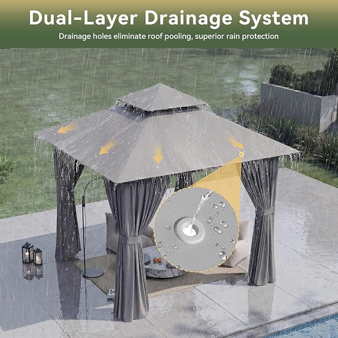8'x8' Gazebo, Outdoor Gazebo Metal Frame Canopy with Double Roofs, Heavy Duty Patio Tent Shelter with Mosquito Netting and Privacy Screen for Backyard, Grey