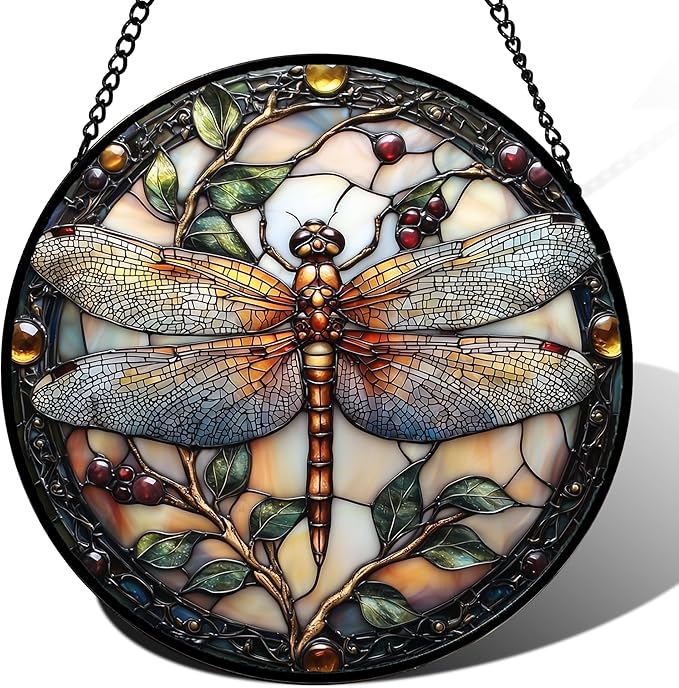DASTOLL Stained Glass Window Hanging - Dragonfly Plant Suncatcher Ready to Hang Window Doors Home Decoration, Christmas, Mother's Day Birthday Gifts for Women, Men, and Mom 14.9x14.9 in