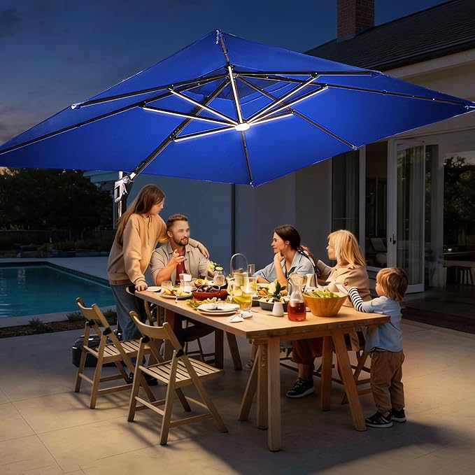 JZAC & QZYD 10X13 FT Outdoor Cantilever Patio Umbrella with LED Lights, Large Heavy Duty 2-Tier Aluminum Offset Umbrellas with 360-Degree Rotation for Pool Deck, Navy