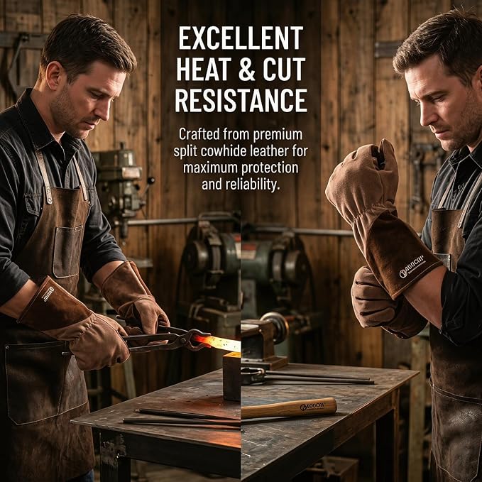 Thick Heat Resistant Welding Gloves for Grill Garden Work | Upgraded Heat Resistant Cowhide Gloves;Fireproof Heavy Duty Leather Gloves;Welding Grilling Multi-use Safety Gloves