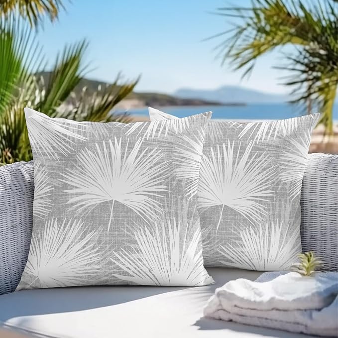 Throw Pillow Covers 24x24 Inch Set of 2, Grey Palm Leaves Coastal Waterproof Outdoor Pillow Covers, Summer Tropical Botanical Boho Decorative Cushion Pillowcases for Couch, Sofa, Bed, Garden, Patio