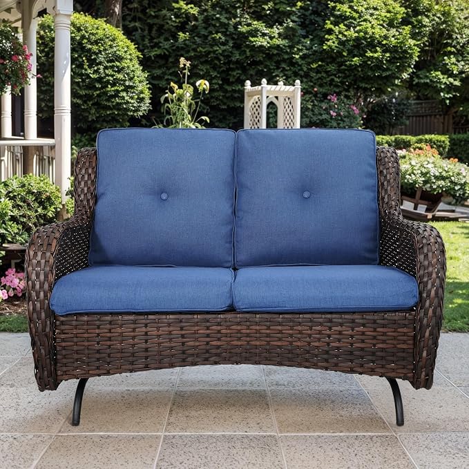 Patio Loveseat Wicker Loveseat Rattan Glider Sofa with Curved Armrest Thicking Back & Seat Cushions for Garden Balcony Backyard Brown Wicker|Blue Cushions (A) Patio Loveseat Glider