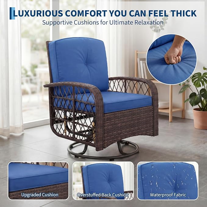 3 Pieces Patio Furniture Set, Outdoor Swivel Glider Rocker with Washable Cushions, Tempered Glass Tabletop Conversation Set for Deck, Porch, Balcony, Backyard, Garden, Brown & Blue