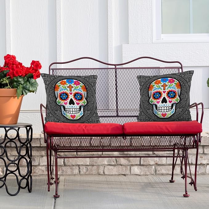 Swono Sugar Skull Set of 2 Square 18x18 Inch Throw Pillow Cover Mexican Day of The Dead Sugar Skull Rose Soft Pillowcases Pillow Cushion Covers for Home Sofa Couch Garden Bench Car Decoration