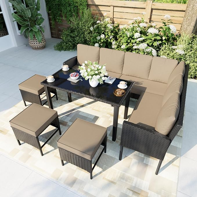 7 Pieces Outdoor Dining Set, Wicker Conversation Patio Furniture with Glass Table, L-Shaped PE Rattan Sectional Sofa Seating with Ottomans for Outside, Backyard, Balcony, Garden, Khaki Cushions