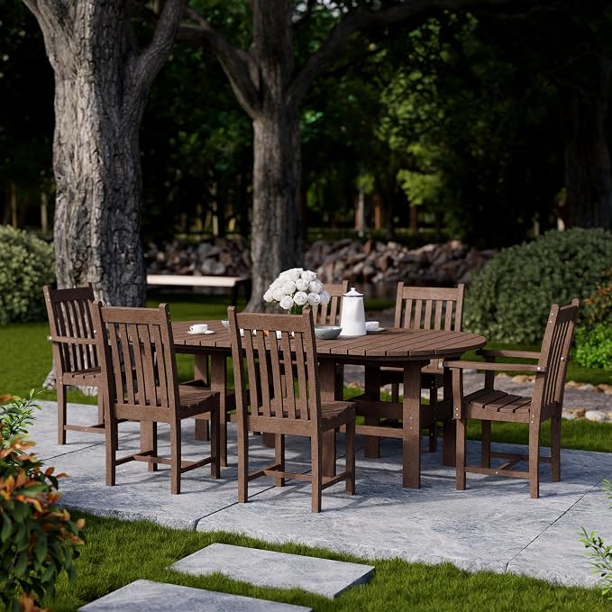 Wildridge Classic 7-Piece 44"x84" Dining Set, Tudor Brown - Outdoor Weather Resistant Recycled Plastic Furniture for Patio