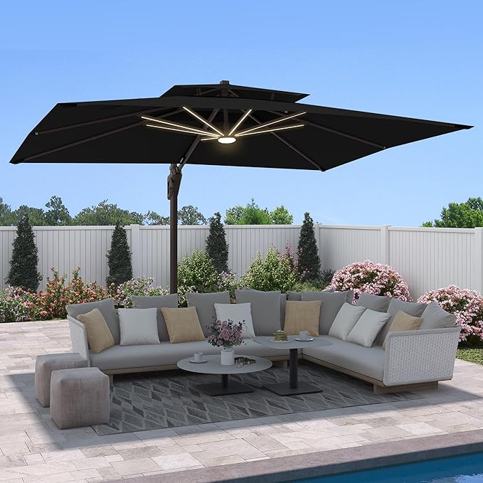 9 X 12 FT Cantilever Outdoor Patio Umbrella with LED Lights Large Heavy Duty 360° Rotation Double Top Offset Rectangular Umbrellas for Backyard Garden Pool Outside Deck, Black