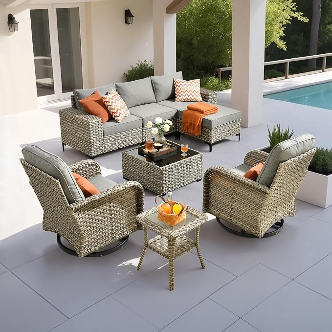 Outdoor Sectional Patio Furniture Set with Rocker Chairs,7 Pieces Wicker Conversation Sets L Shaped Couch,Extra Deep Out Door Sofa Outside Furniture,Dark Gray