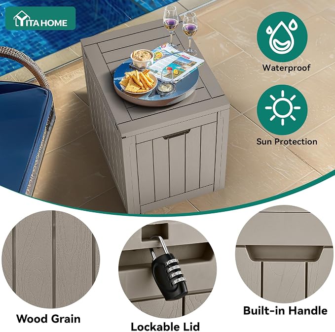 YITAHOME 30 Gallon Deck Box Outdoor Storage Box, Waterproof Resin Package Delivery and Storage Box with Lockable Lid for Patio Furniture Cushions, Pool Accessories, Garden Tools, Brown