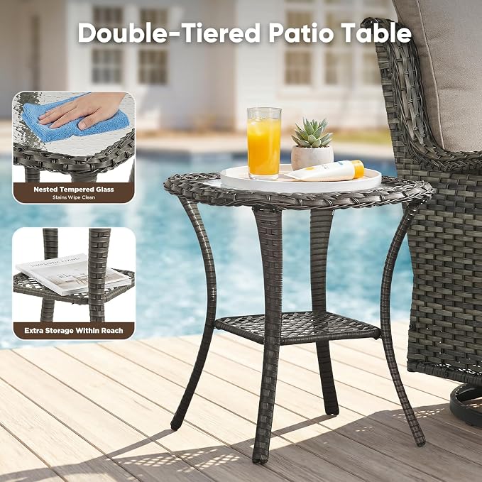 Belord 3 PCS Patio Furniture Set - Mixed Grey Wicker Swivel Rocking Chair Set with Side Table
