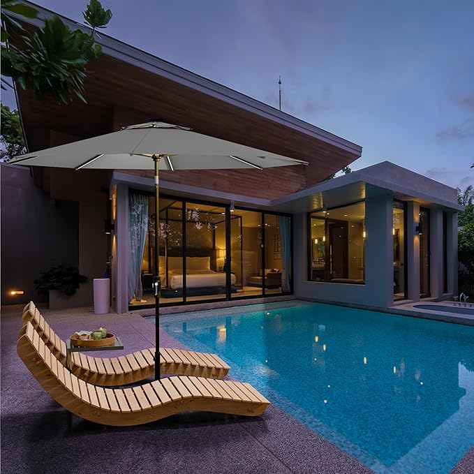 Midtown Umbrellas The LED Swilt 10 Feet Patio Umbrella With Terylast Matter (Grey) Polyester Fabric - Auto-Tilt Aluminum Frame With LED Lights For Backyard, Deck, Garden, Pool - Black Pole