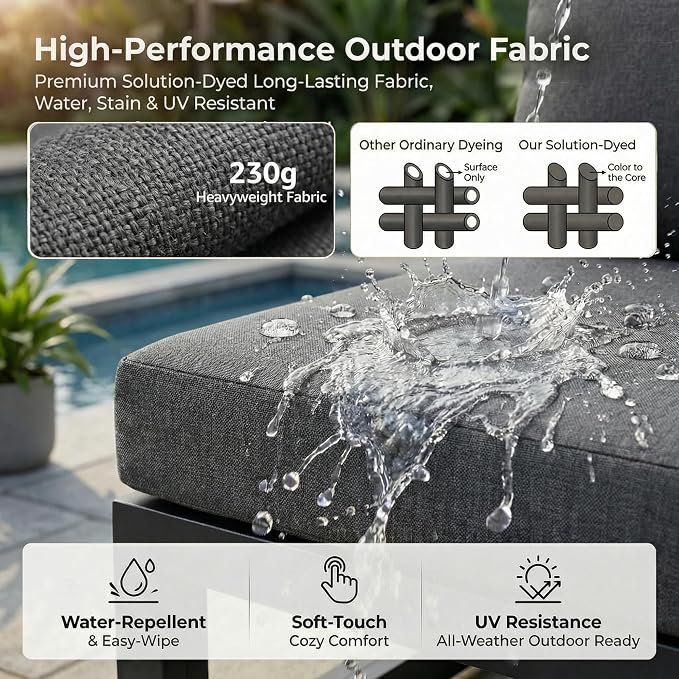 RADIATA 9 Piece Modern Aluminum Patio Furniture Set with Fire Pit Table, 500 lbs Heavy Duty Outdoor Sectional Sofa, 29" Deep Wide Oversize Seating Conversation Couch for Garden Exterior, Dark Gray