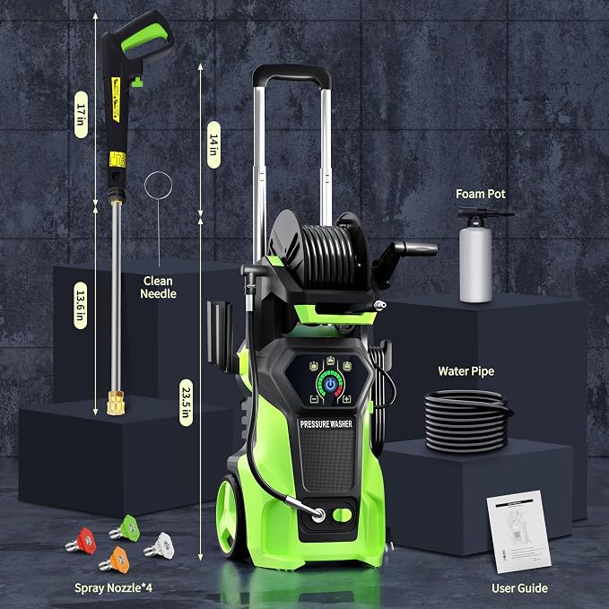 Fenbeli 𝟓𝟎𝟎𝟎𝐏𝐒𝐈 𝐏𝐫𝐞𝐬𝐬𝐮𝐫𝐞 𝐖𝐚𝐬𝐡𝐞𝐫 Portable Washer Cleaner with 4 Quick Connect Nozzles for Car Driveway Patio Fence (Green)