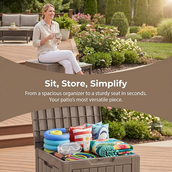 35 Gallon Deck Box Outdoor Waterproof, Resin Storage Box Outdoor Lockable, Multipurpose Outside Container for Patio Cushions, Garden Tools & Package Drop, UV & Fade Resistant Gray Brown