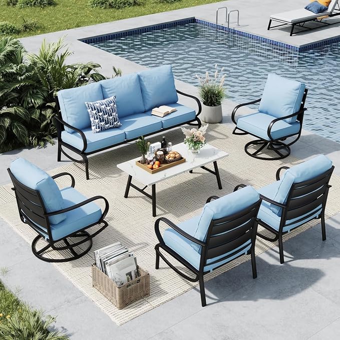 MFSTUDIO 6 Pieces Metal Patio Furniture Sets, 2 Swivel Chairs, 3-Seat Loveseat Sofa, 2 Patio Chairs & 1 Marbling Coffee Table, All Weather 7 Seats Outdoor Conversation Set for Garden Backyard, Blue