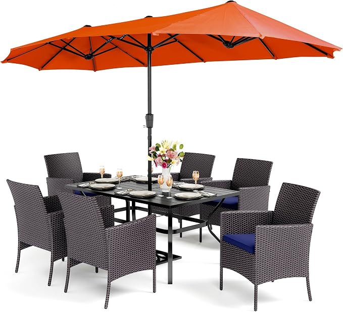 PHI VILLA 7pc Patio Dining Set w/Umbrella, Rectangular Table, Rattan Chairs | Outdoor Dining Set for 6, 60” Metal Table & 6 Cushioned Rattan Chairs with Red Umbrella for Outdoor, Deck, Yard, Porch