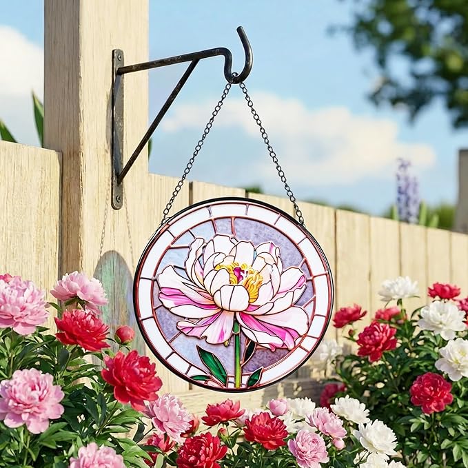 Stained Glass Window Hanging, Pink Peony Suncatcher 7.8 in Sun Catcher Glass Panel Boho Wall Art Decor with Chain Diamond Glass Panel Hangings Scenery Sun Catchers Decor for Lover Couple Mom