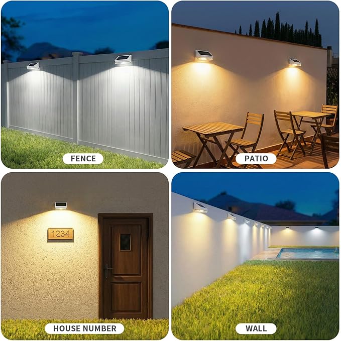 NIORSUN Solar Fence Lights 12 Pack, Outdoor Solar Lights with 3 Color Temperatures, IP65 Waterproof Wide-Angle LED Lighting for Fence, Patio, Yard, Deck, Wall, Garden (White)