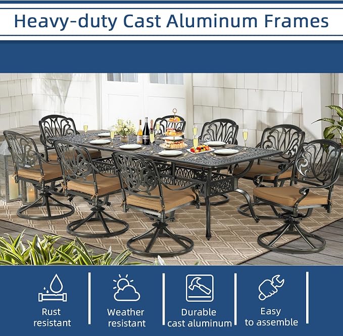 9-Piece Patio Cast Aluminum Dining Set, Outdoor Dining Furniture Set for 8 Person, Includes 94.5" Rectangular Dining Table and 8 Swivel Chairs with Umbrella Hole for Deck Garden, Tan