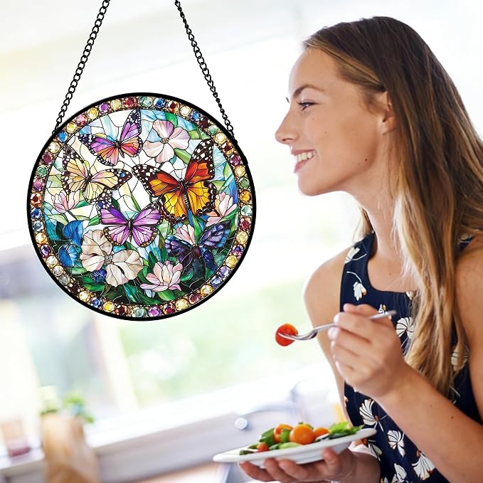 DASTOLL Stained Glass Window Hanging, Colorful Butterfly Suncatcher for Doors Home Sun Catchers Decoration and Christmas, Mother's Day Birthday Gifts for Women, Men, and Mom 14.9x14.9 in