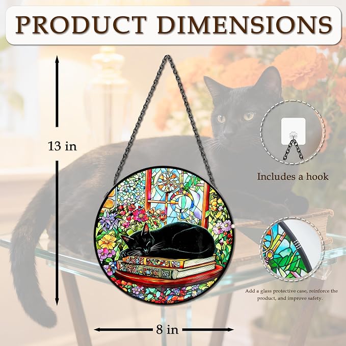 Cat Stained Glass Suncatcher Window, Hanging Sun Catchers Indoor Window, Suncatcher for Nana/Mom/Women (Black Cat)
