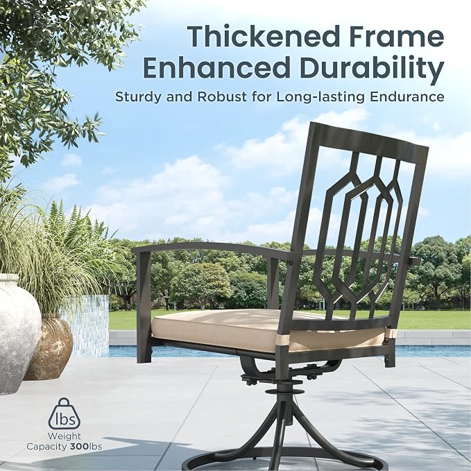 PHI VILLA Patio Dining Set, Swivel Chairs&Round Steel Table | Swivel Metal Steel Chairs with Cushions, Large Modern Furniture for Patio, Deck, Backyard, Porch