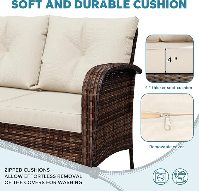 7 Pieces Patio Set, 73" PE Rattan Sofa, Coffee Table, Wicker Swivel Glider Chairs, Outdoor Conversation Furniture with Removble Cushion, Loveseat Couch for Porch, Deck, Lawn (Beige)